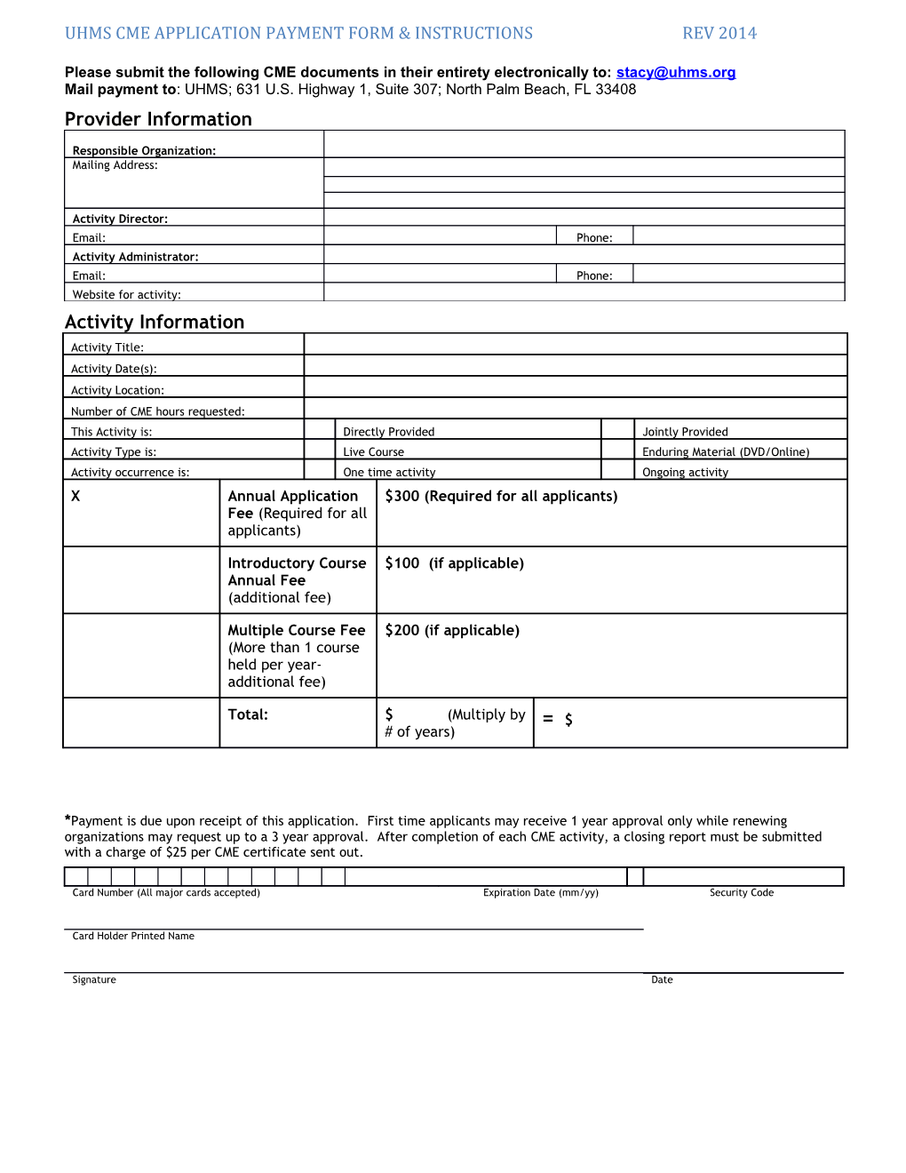 Uhms Cme Application Payment Form & Instructions