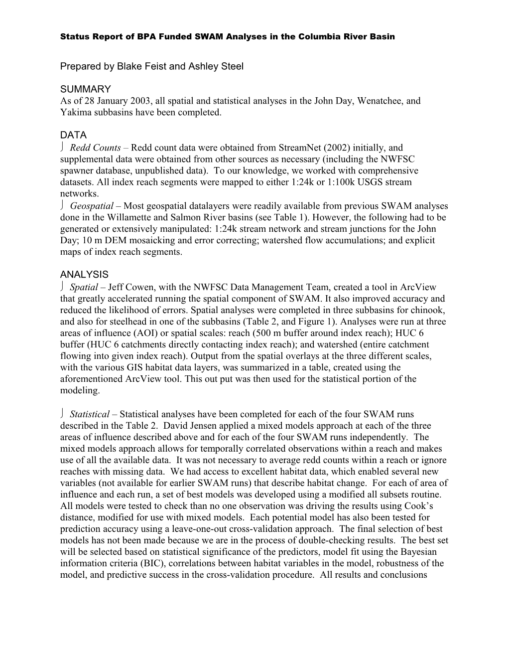 Status Report of BPA Funded SWAM Analyses in the Columbia River Basin