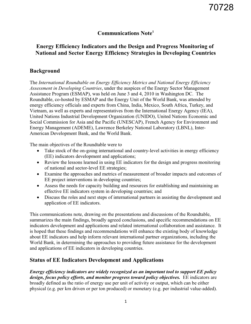 Energy Efficiency Indicators and the Design and Progress Monitoring Of