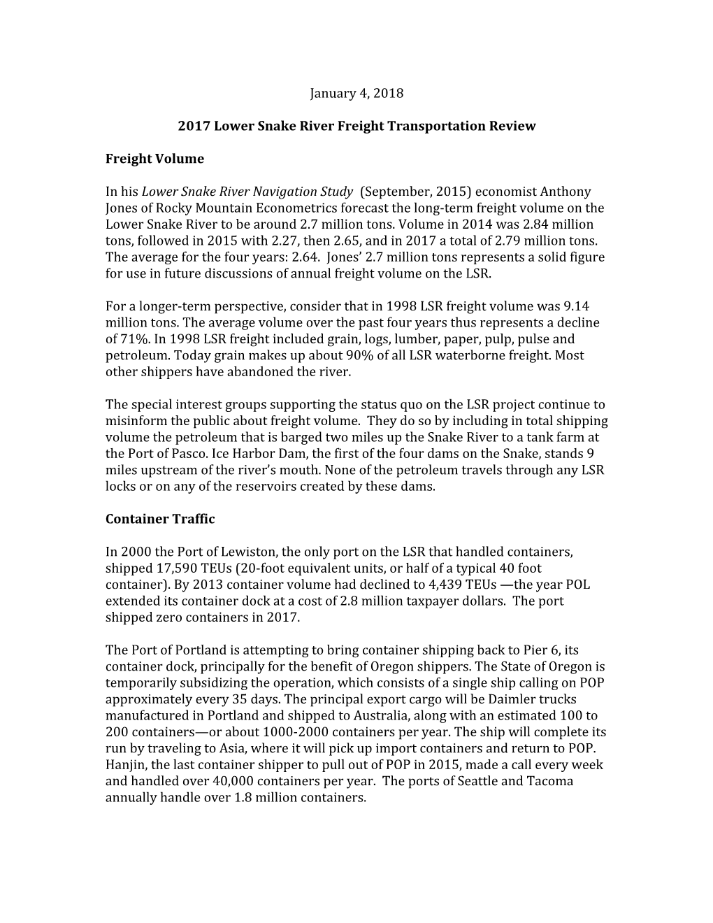 2017 Lower Snake River Freight Transportation Review
