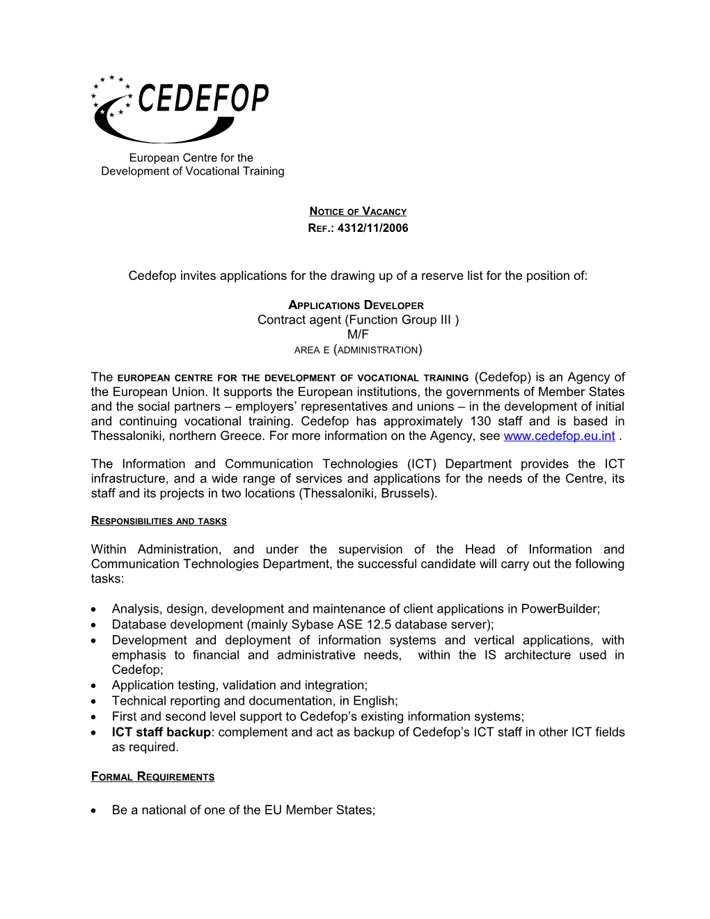 Cedefop Invites Applications for the Drawing up of a Reserve List for the Position Of