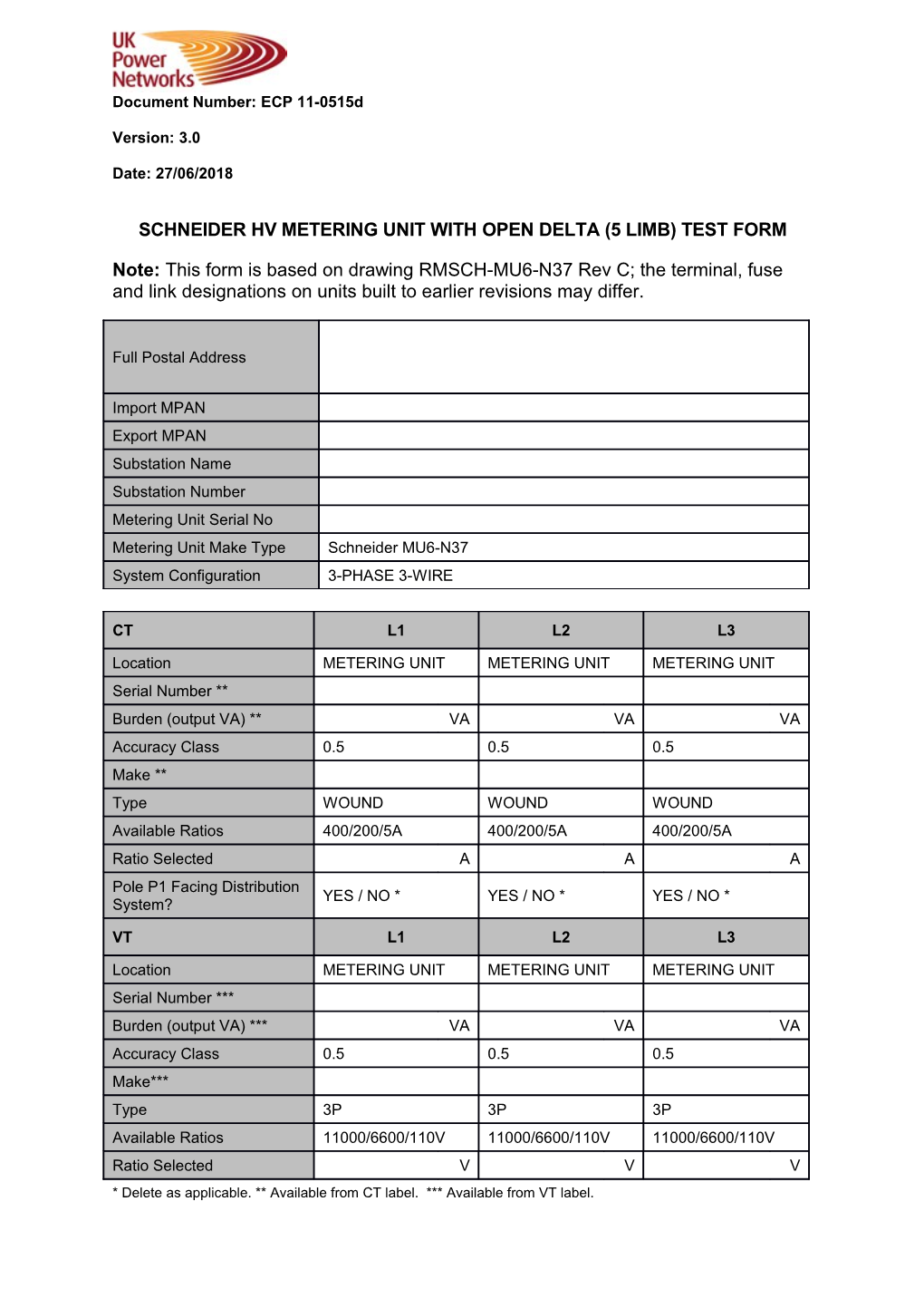 ECP 11-0515D Schneider HV Metering Unit with Open Delta (5 Limb) Test Form