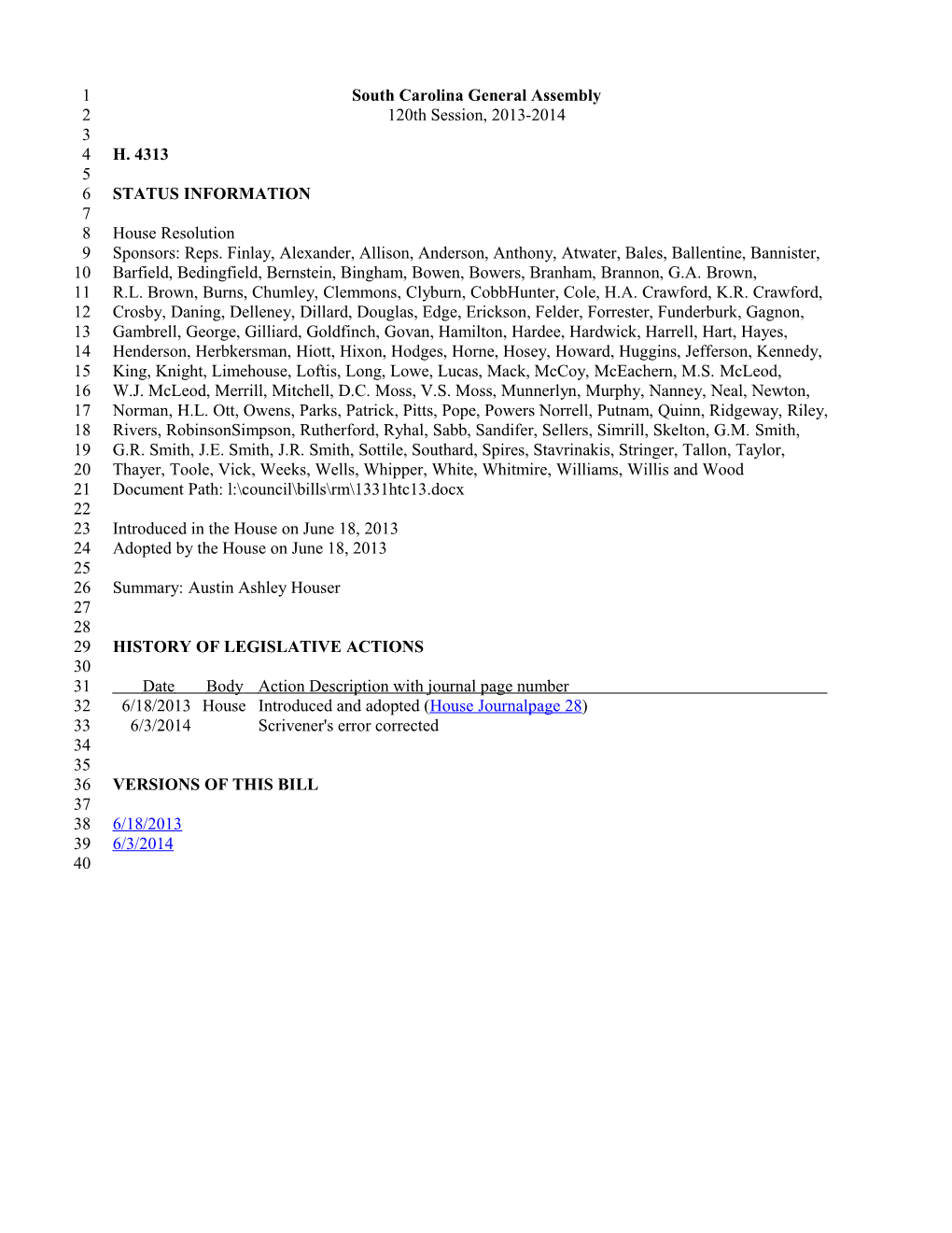 2013-2014 Bill 4313: Austin Ashley Houser - South Carolina Legislature Online