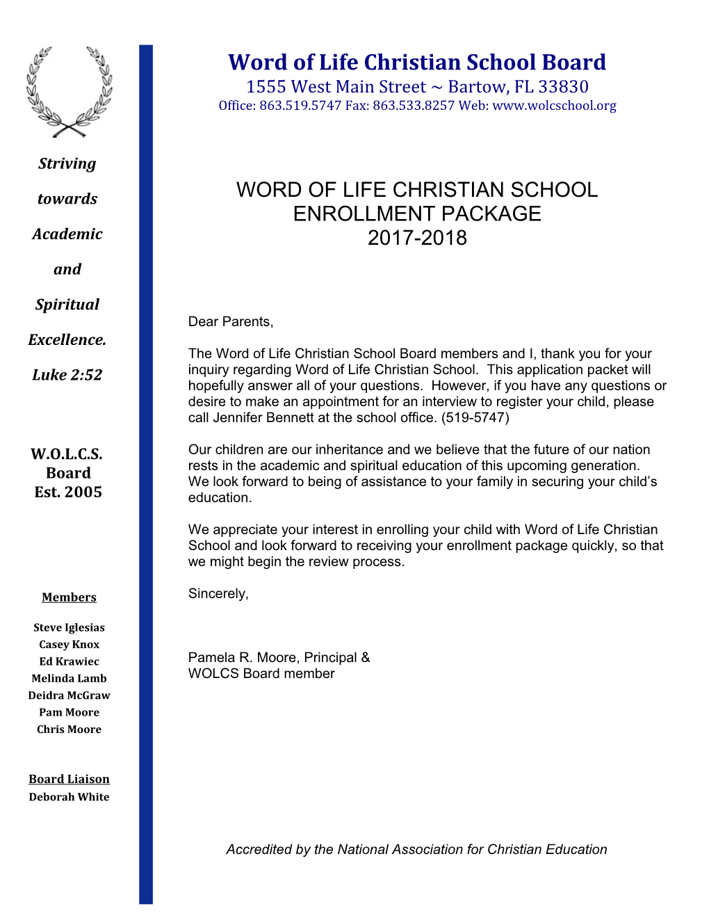 Word of Life Christian School Enrollment Package 2017-2018