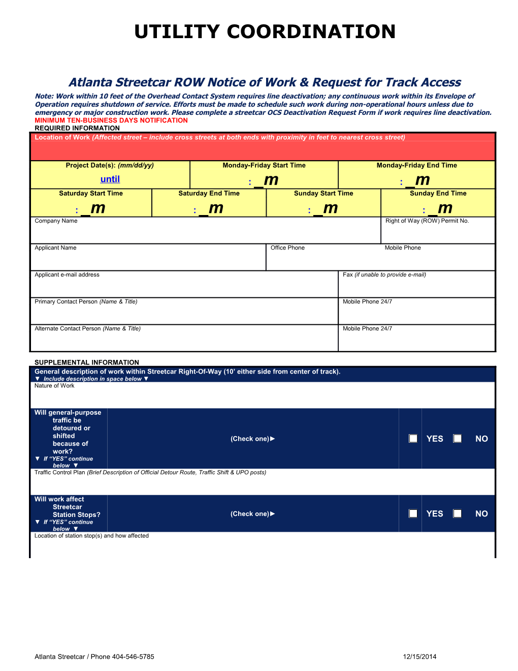 Atlanta Streetcar ROW Notice of Work & Request for Track Access