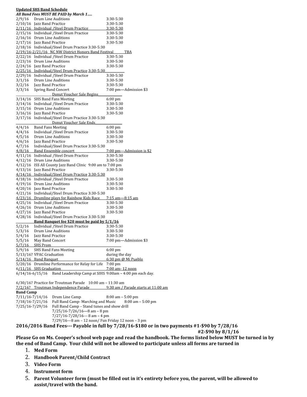 Updated SHS Band Schedule