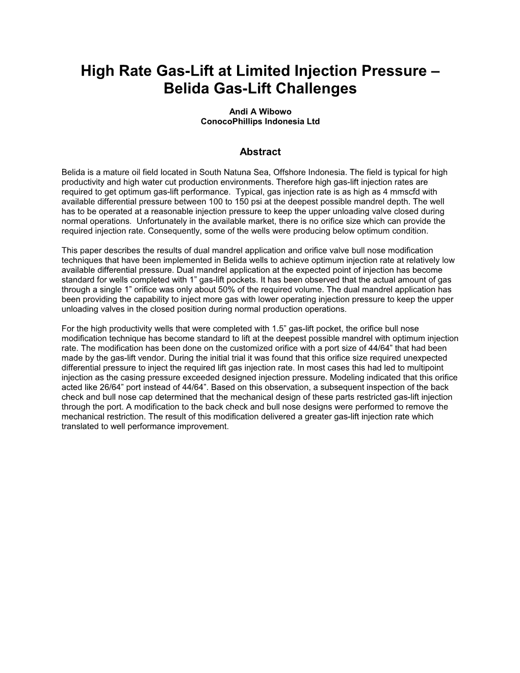 High Rate Gas-Lift at Limited Injection Pressure Belidagas-Lift Challenges