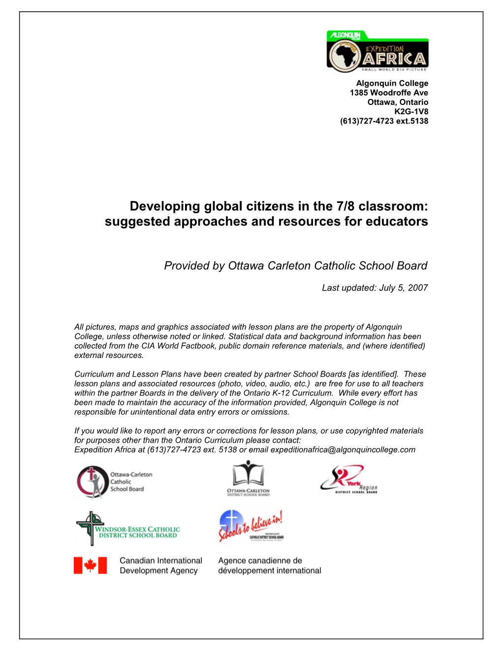 Developing Global Citizens in the 7/8 Classroom: Suggested Approaches and Resources For