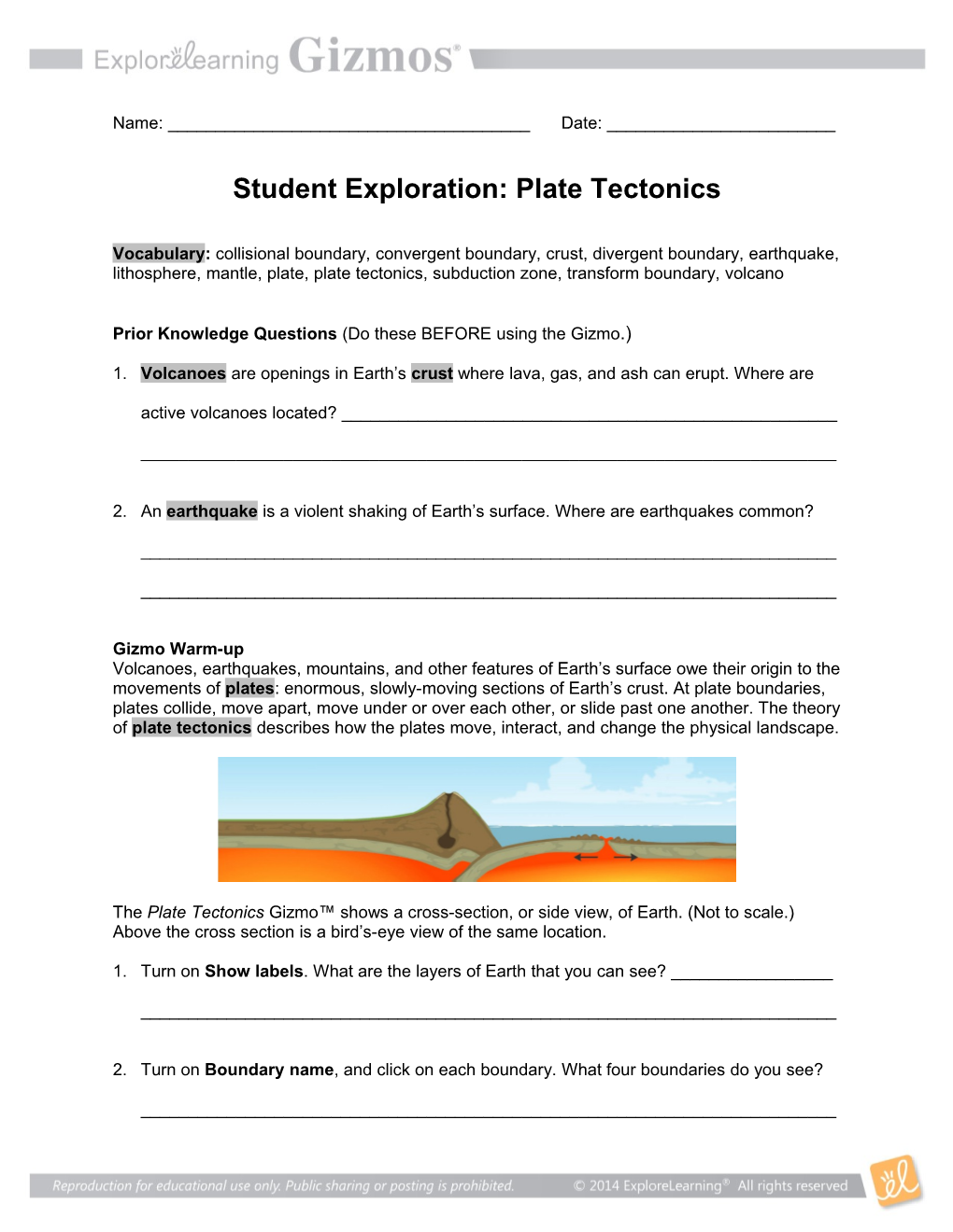 Student Exploration: Plate Tectonics