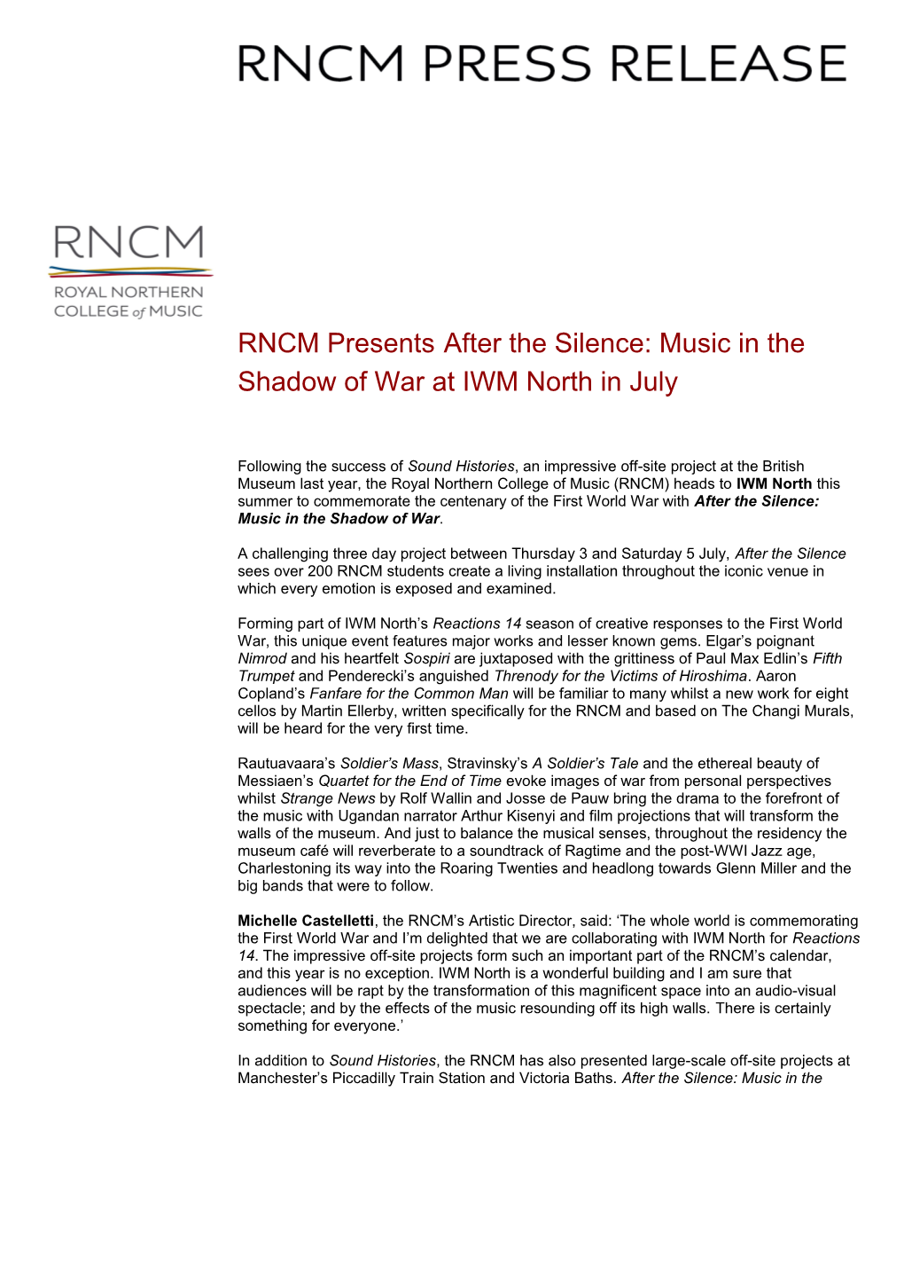 RNCM Presentsafter the Silence: Music in the Shadow of War at IWM North in July