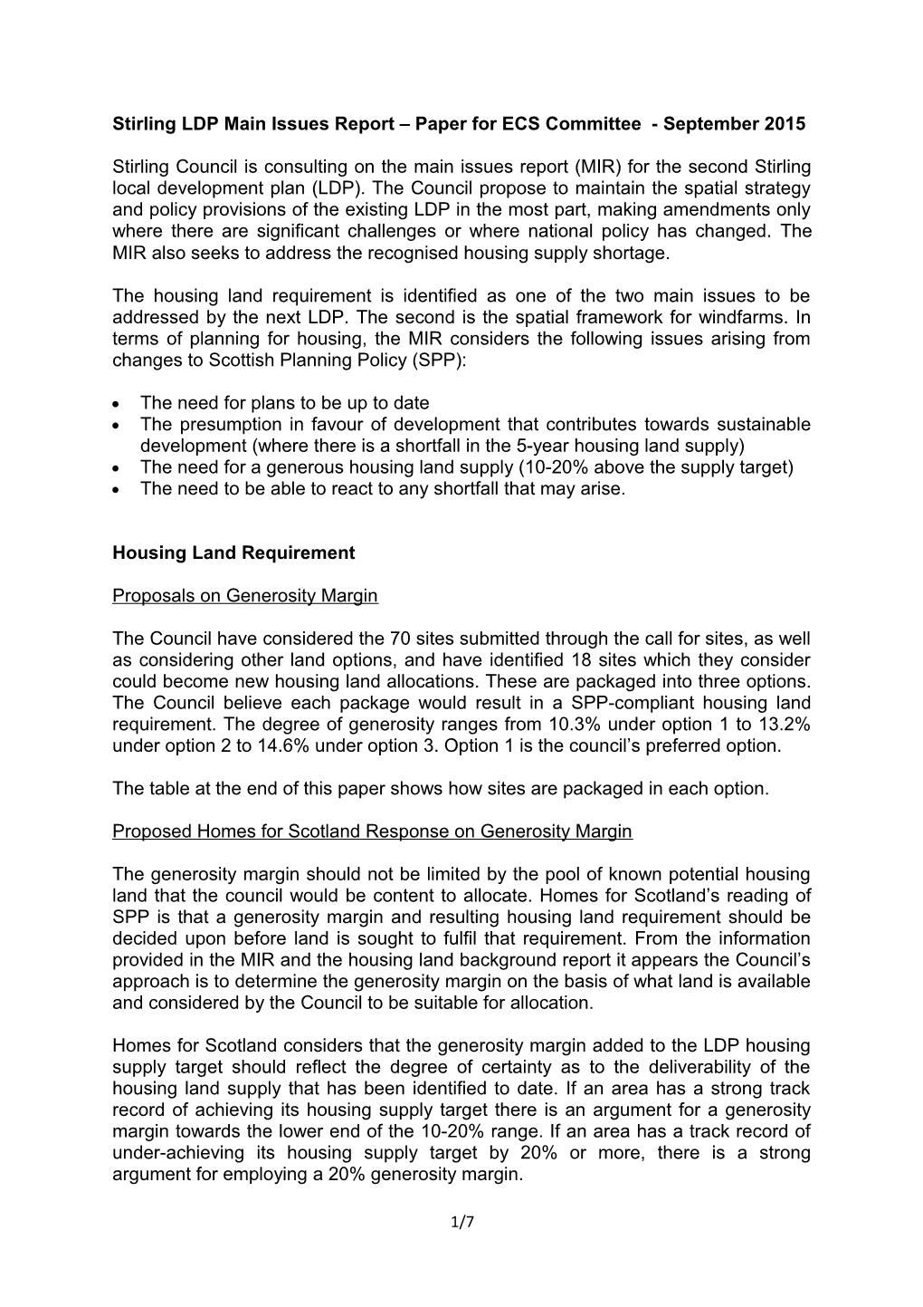 Stirling LDP Main Issues Report Paper for ECS Committee - September 2015