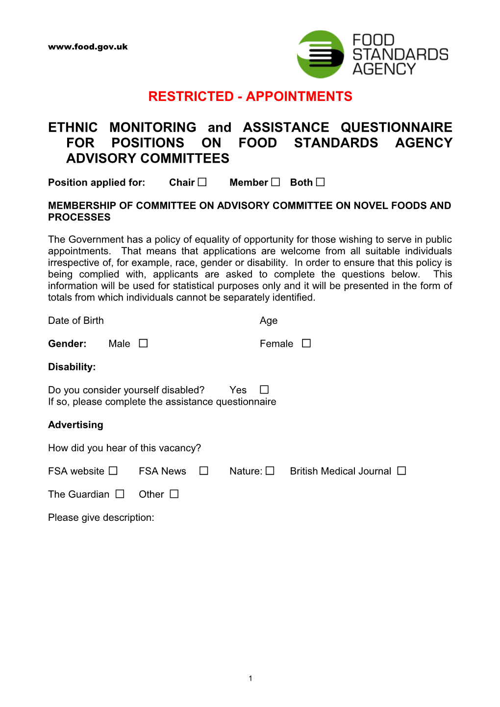 Ethnic Monitoring Questionnaire