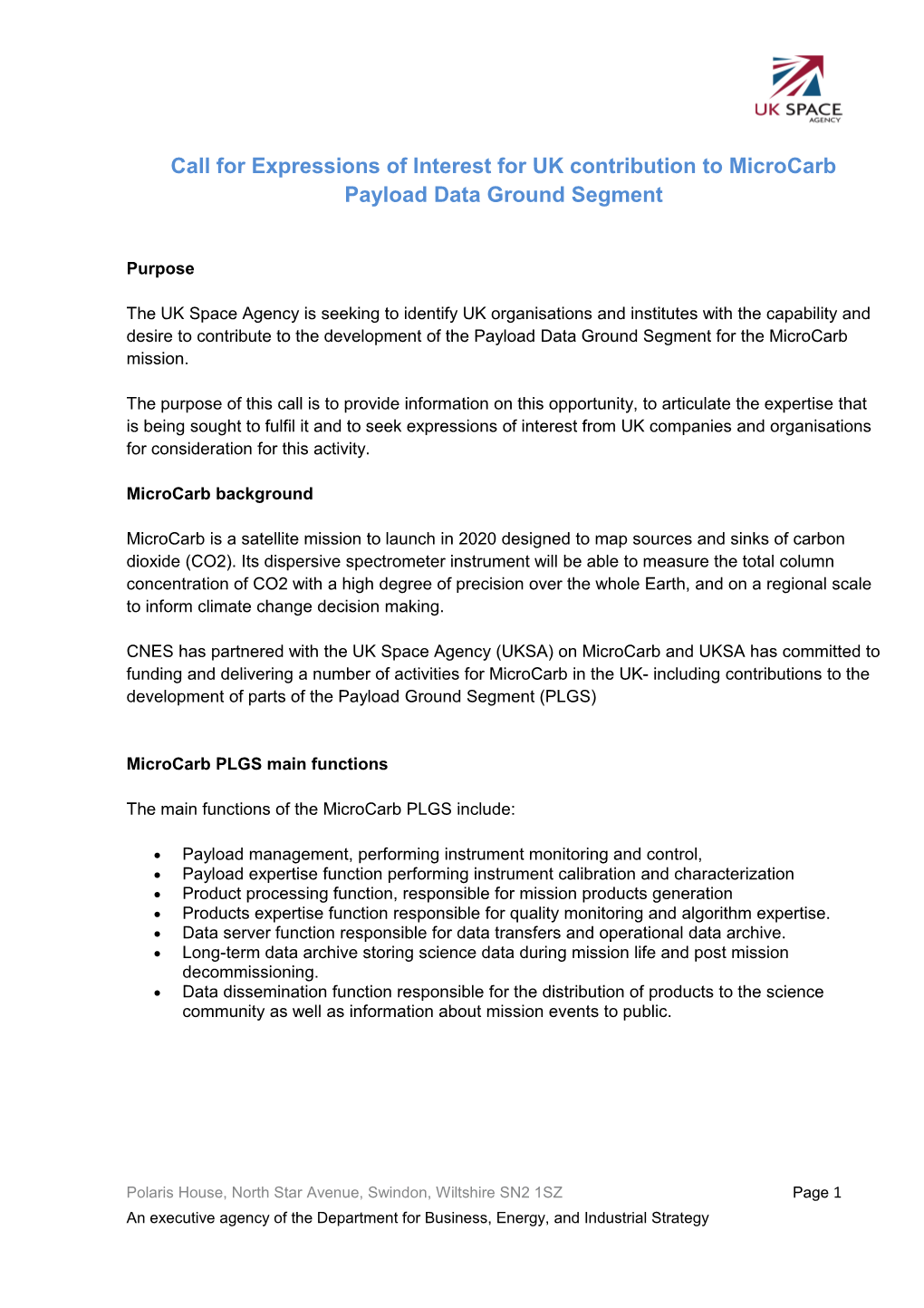 Call for Expressions of Interest for UK Contribution to Microcarb Payload Data Ground Segment