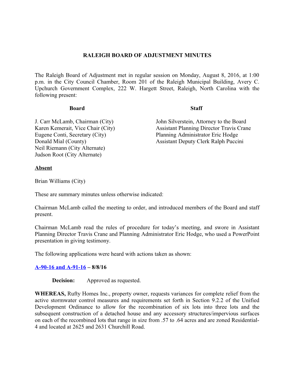 Raleigh Board of Adjustment Minutes - 08/08/2016