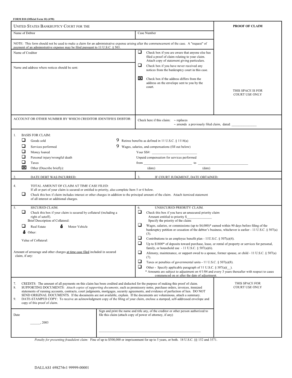 FORM B10 (Official Form 10) (4/98)