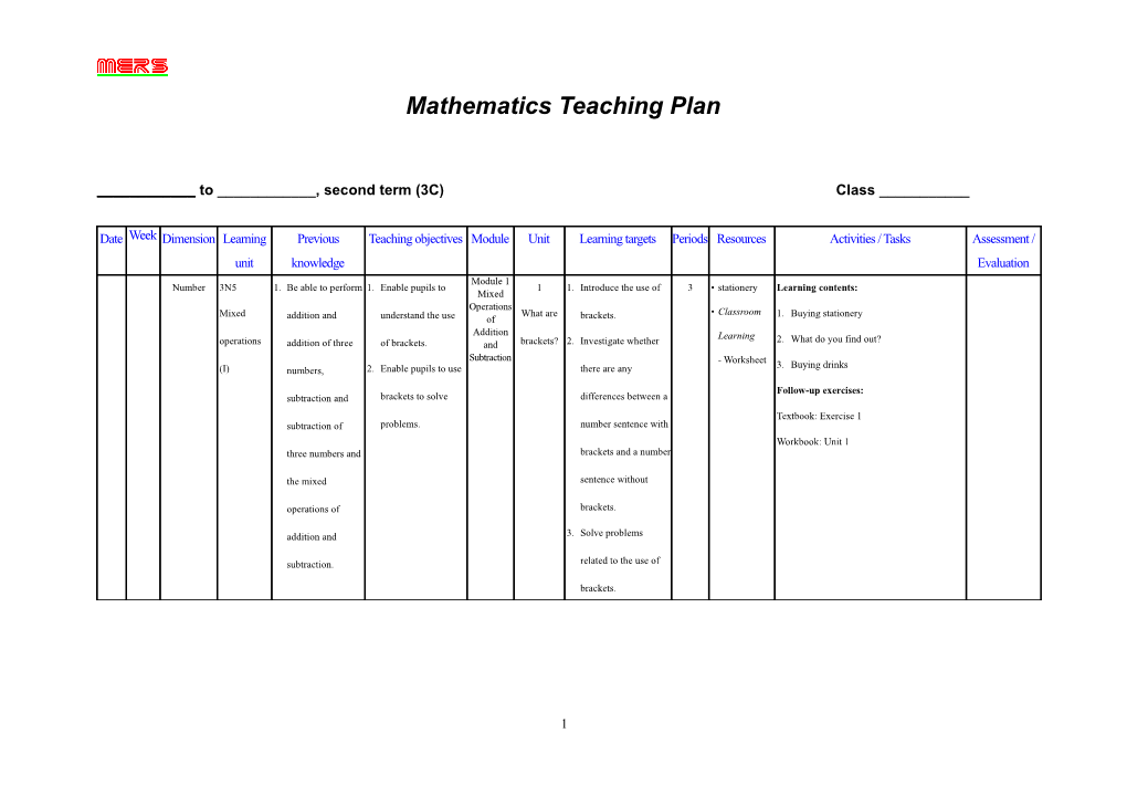 Mathematics Teaching Plan 3C & 3D