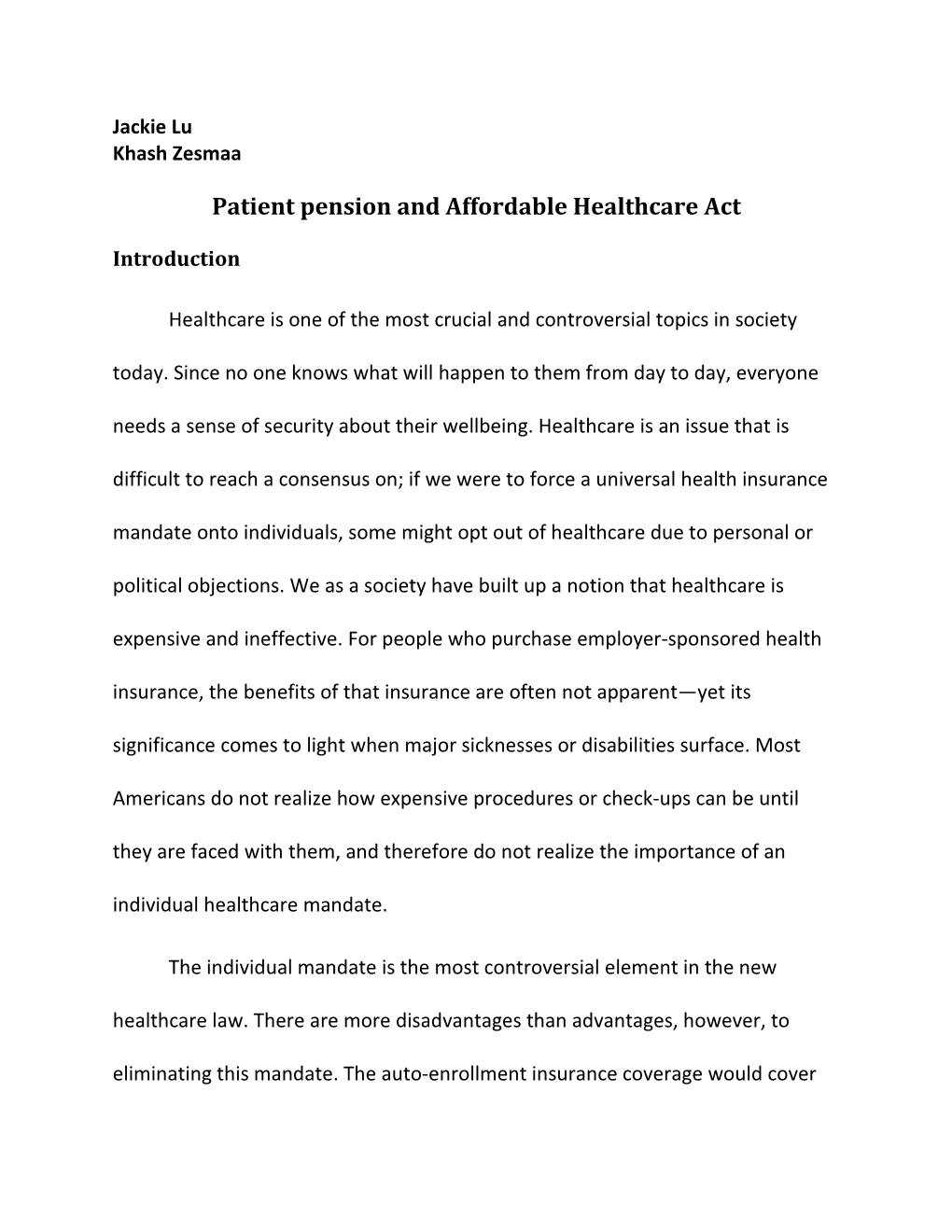 Patient Pension and Affordable Healthcare Act