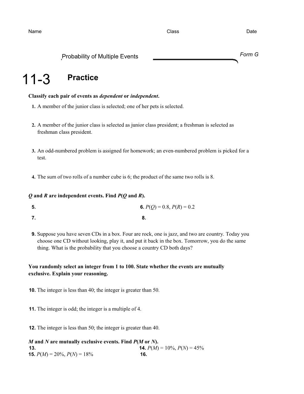 Classify Each Pair of Events As Dependent Or Independent