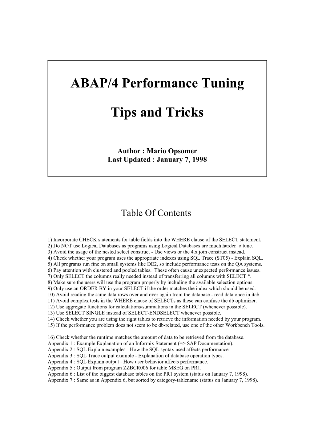ABAP/4 Performance Tuning : Tips and Tricks