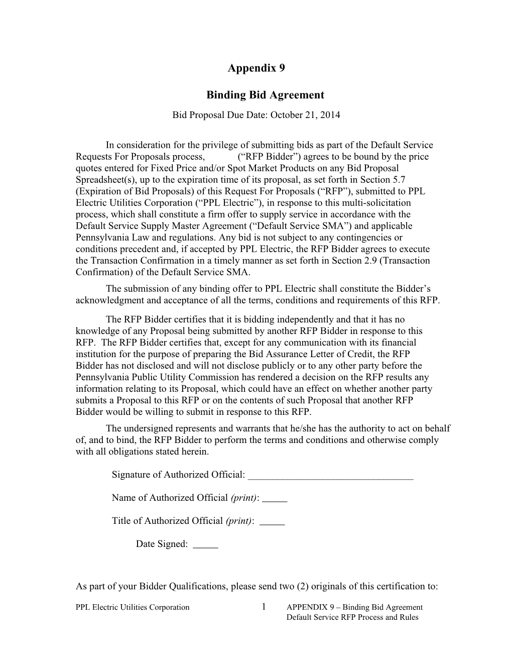 Appendix 9Binding Bid Agreement