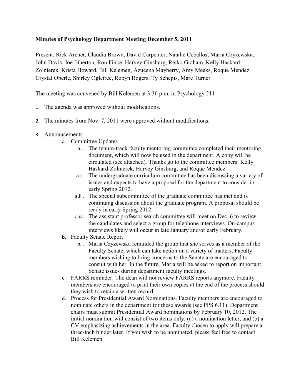 Minutes (Draft) of Psychology Department Meeting Feb