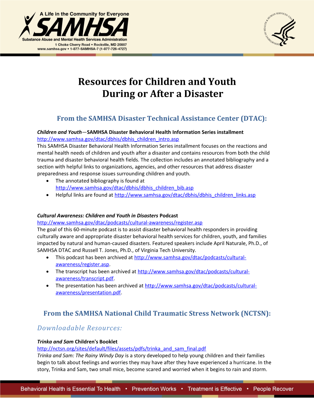 Resources for Children and Youthduring Or After a Disaster