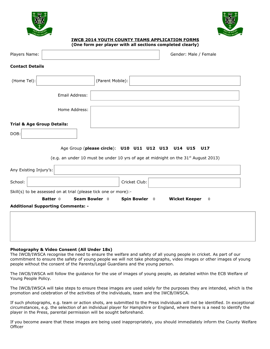 Iwcb 2014 Youth County Teams Application Forms