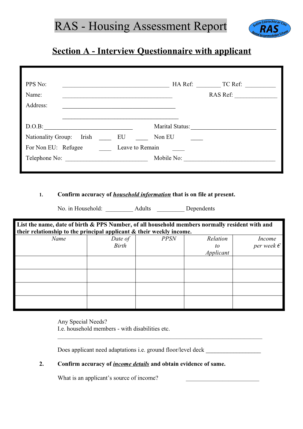 Interview Questionnaire for Housing Applicants