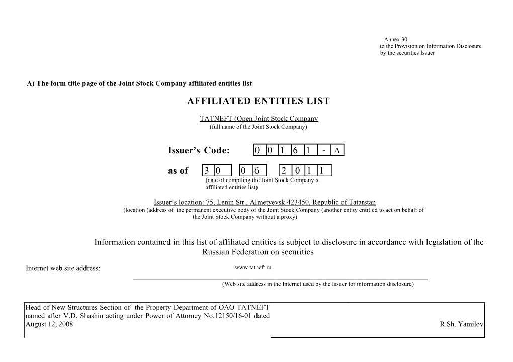 A) Theform Title Page of the Joint Stock Company Affiliated Entities List