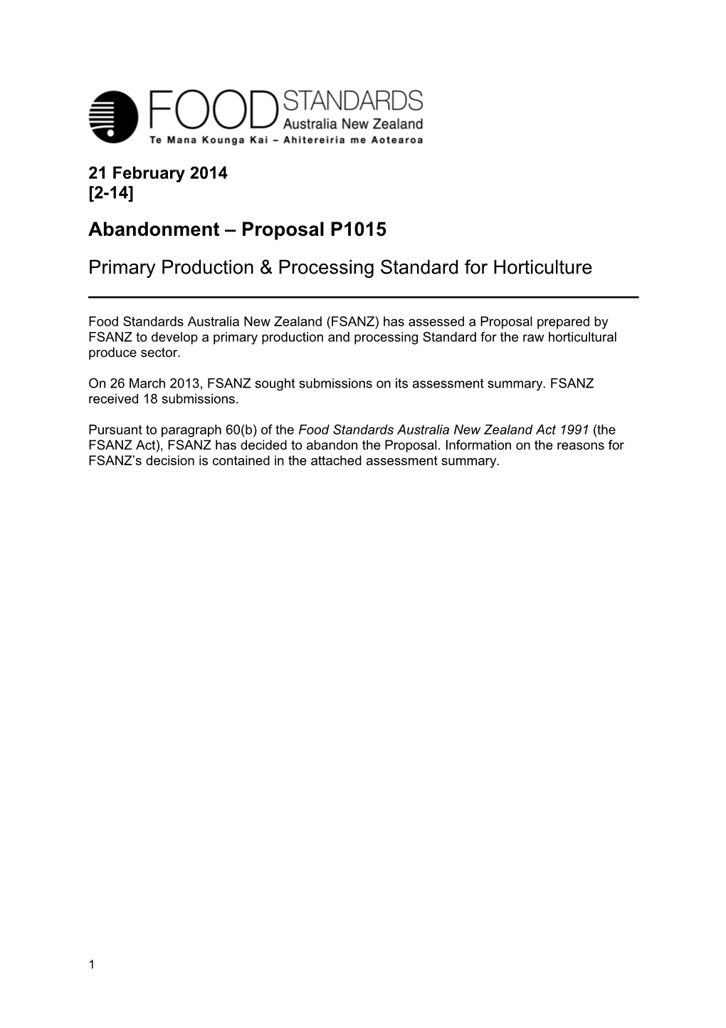Primary Production Processing Standard for Horticulture