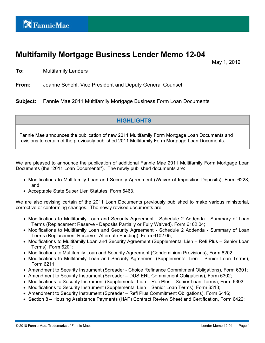 Multifamily Mortgage Business Lender Memo 12-04