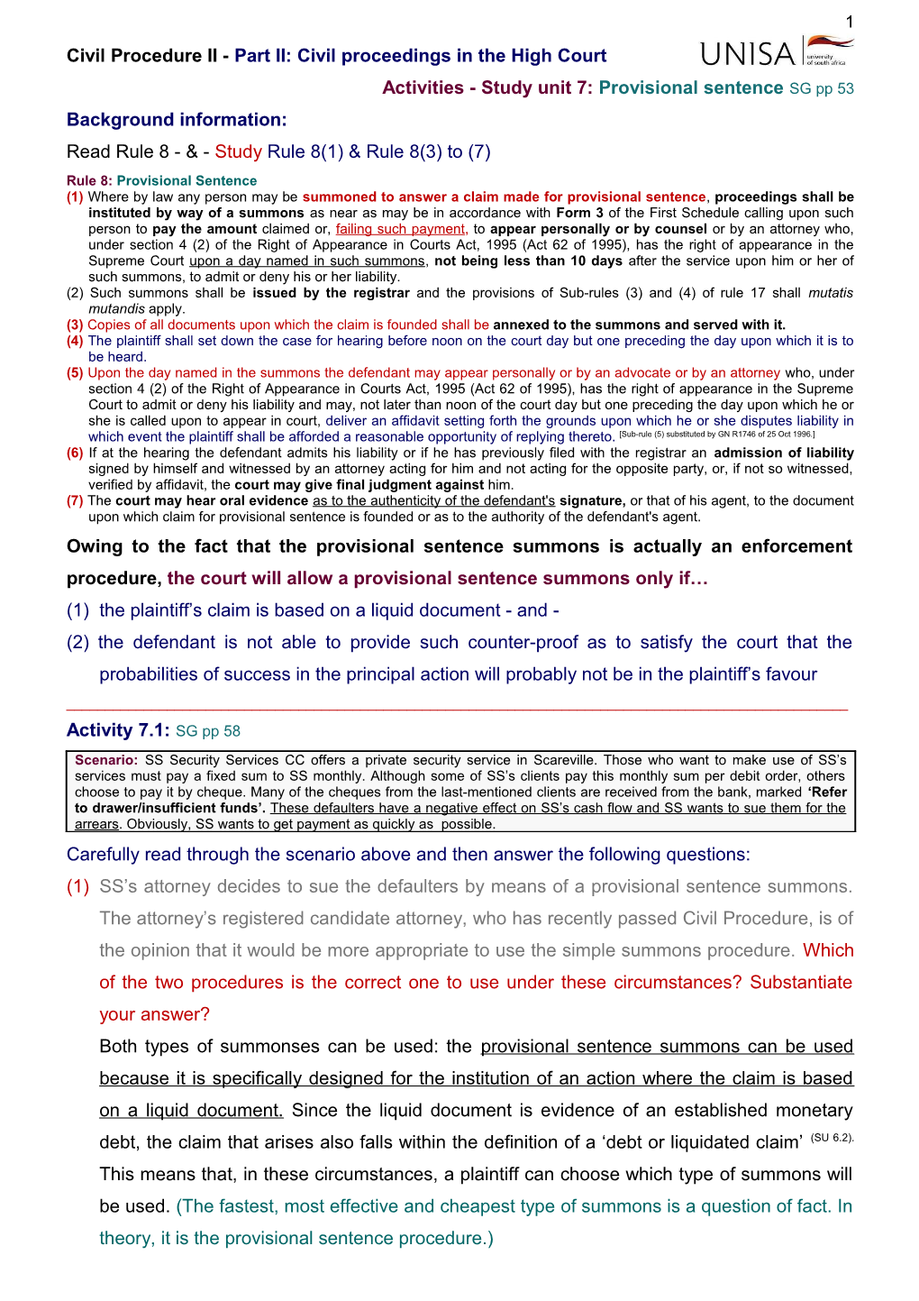 Activities - Study Unit 7:Provisional Sentence SG Pp 53