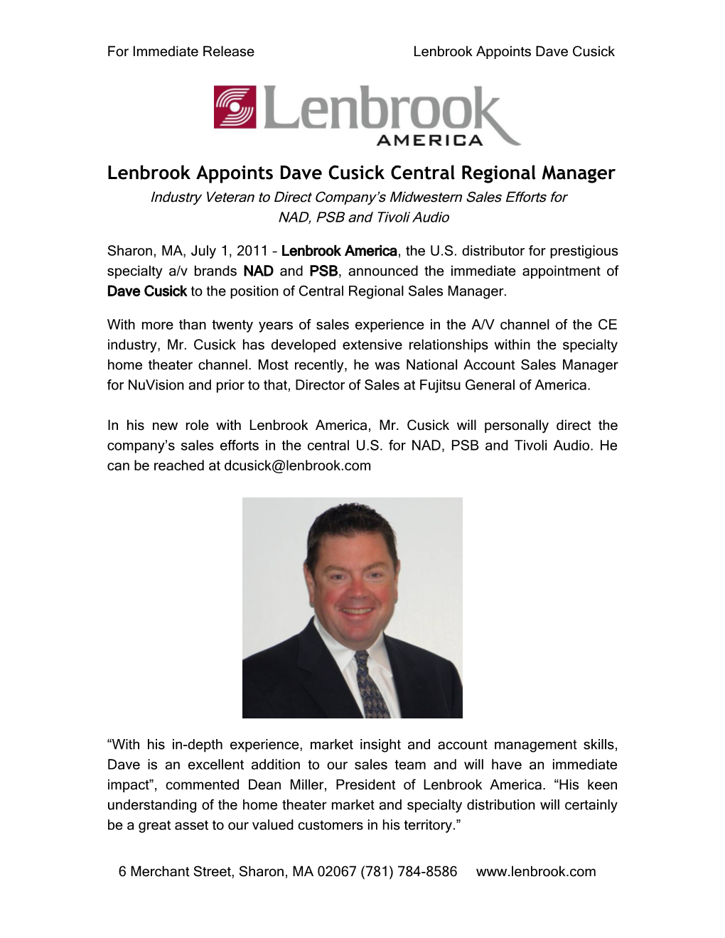 Lenbrook Appoints Dave Cusick Central Regional Manager