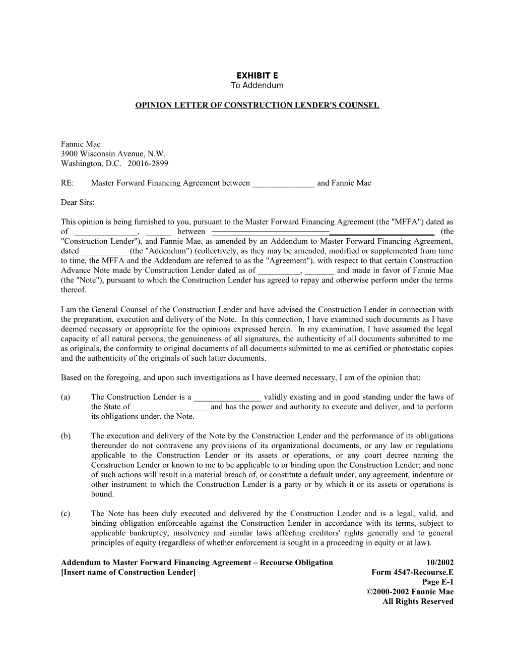 Exhibit E to Addendum to MFFA, Opinion Letter