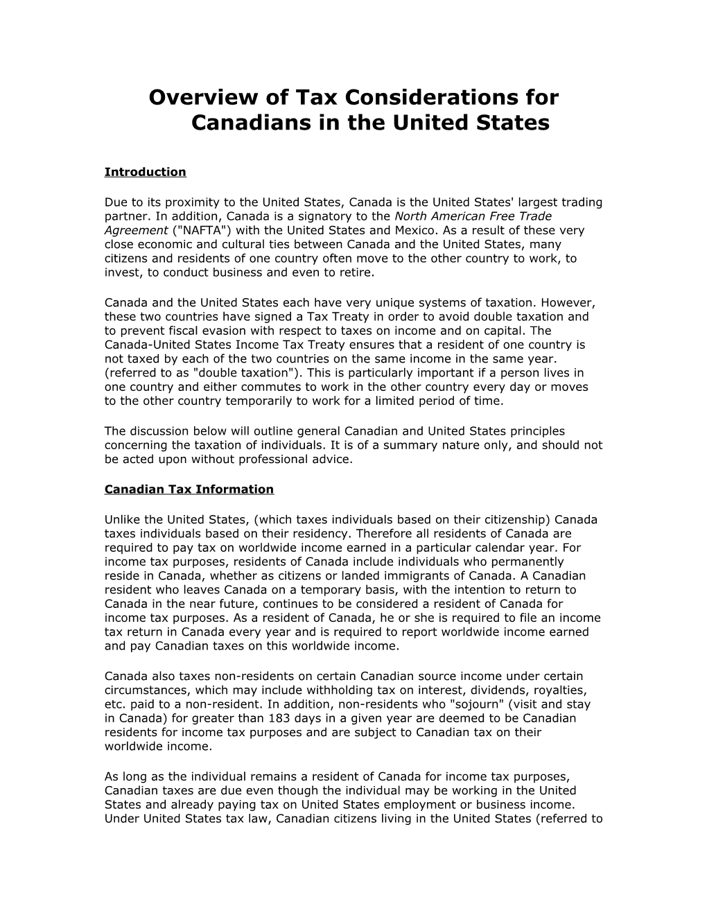 Overview of Tax Considerations for Canadians in the United States