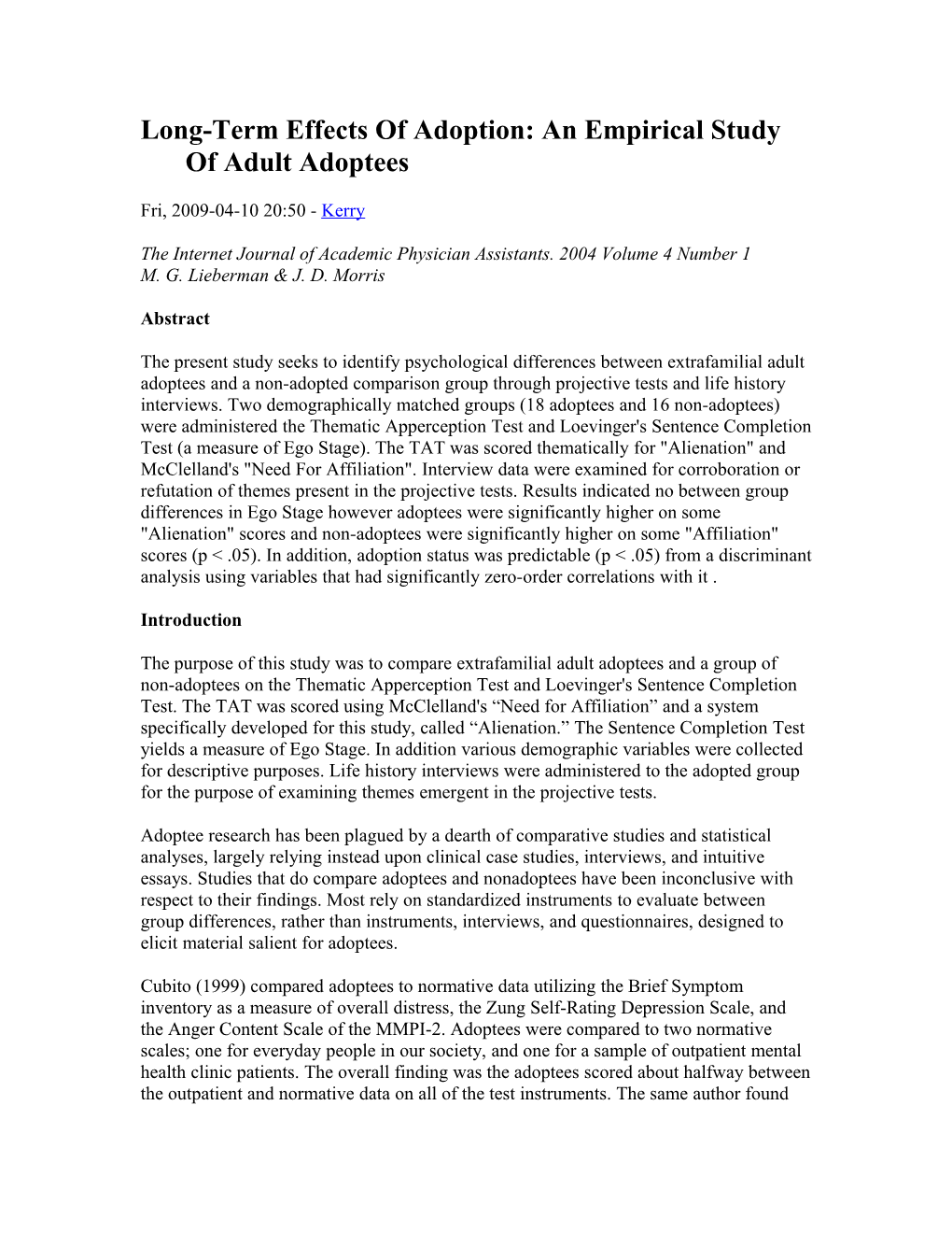 Long-Term Effects of Adoption: an Empirical Study of Adult Adoptees