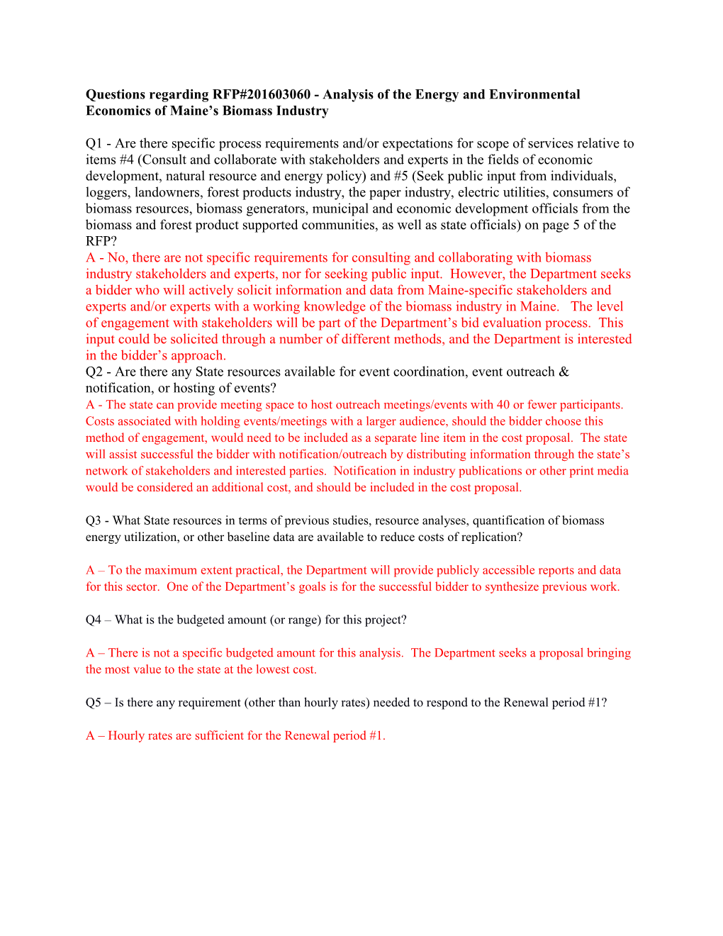 Questions Regarding RFP#201603060 - Analysis of the Energy and Environmental Economics