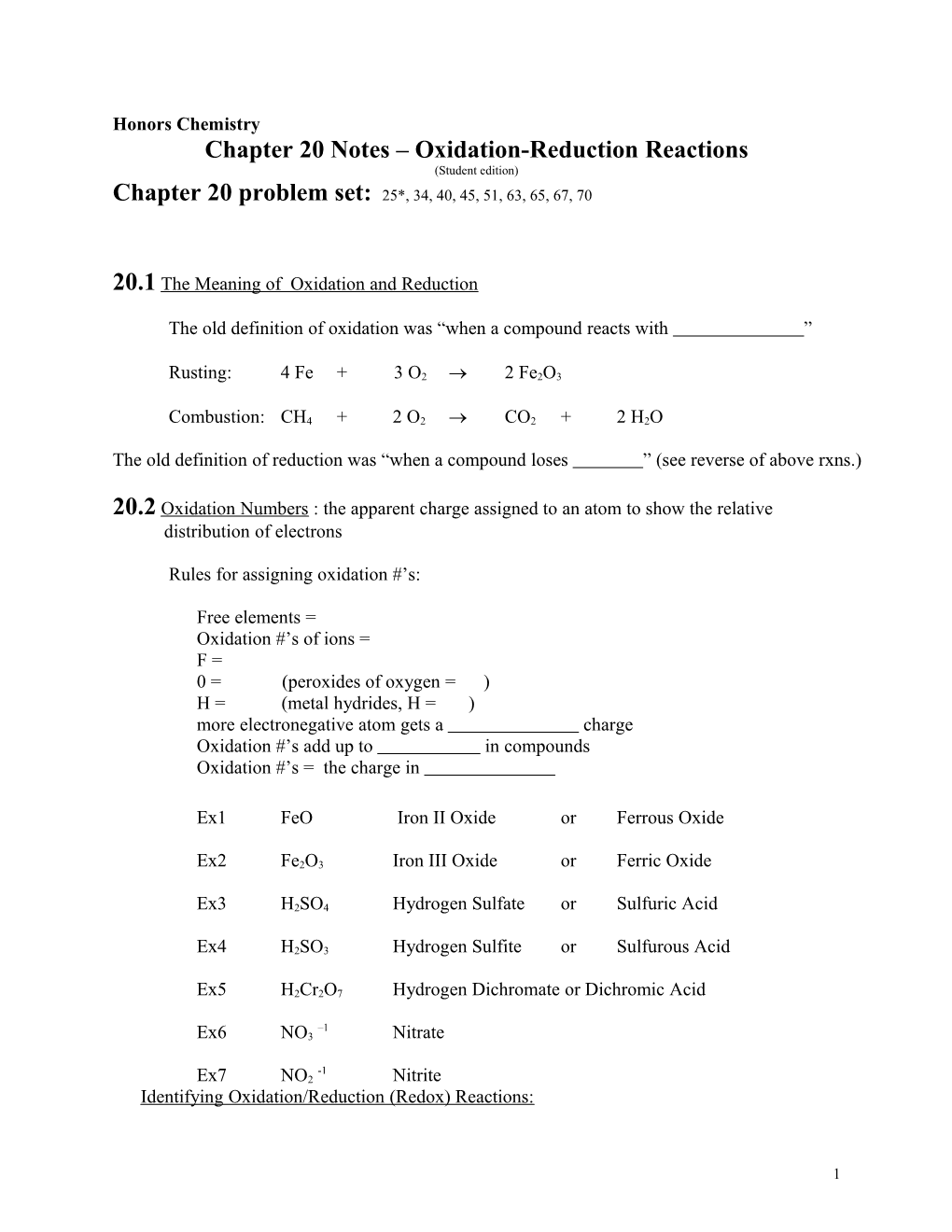 Chapter 20 Notes Oxidation-Reduction Reactions