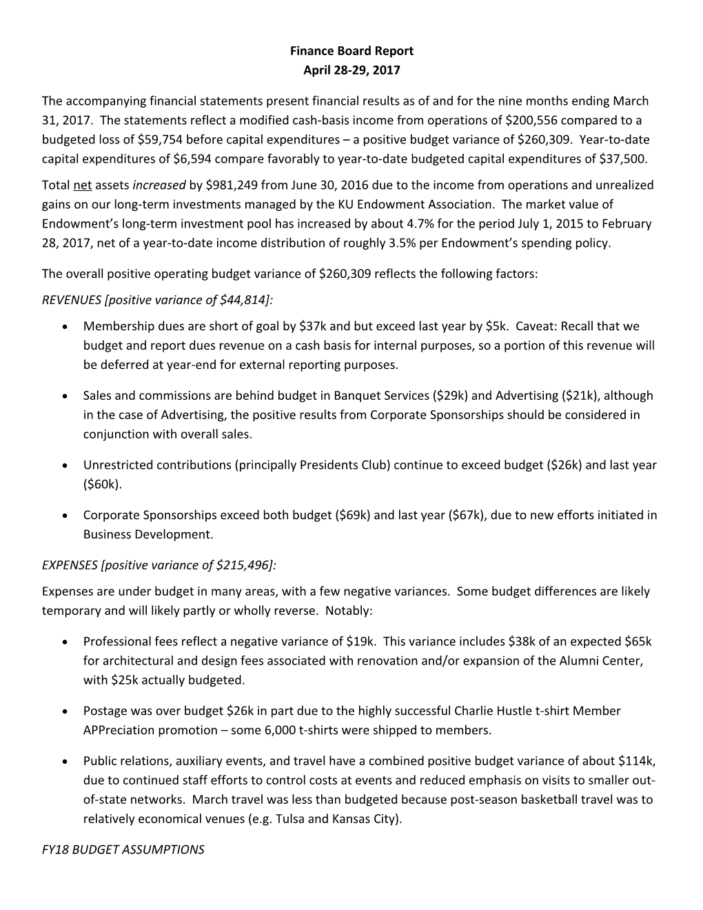 Finance Board Report