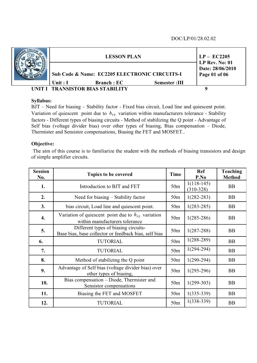 Sub Code & Name: EC2205 ELECTRONIC CIRCUITS-I