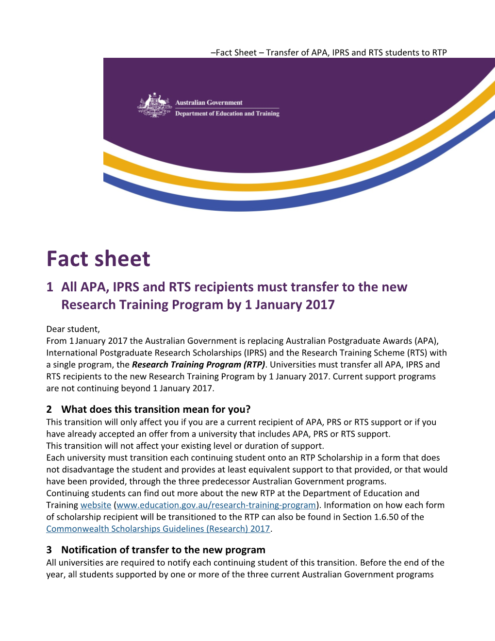 Fact Sheet Transfer of APA, IPRS and RTS Students to RTP