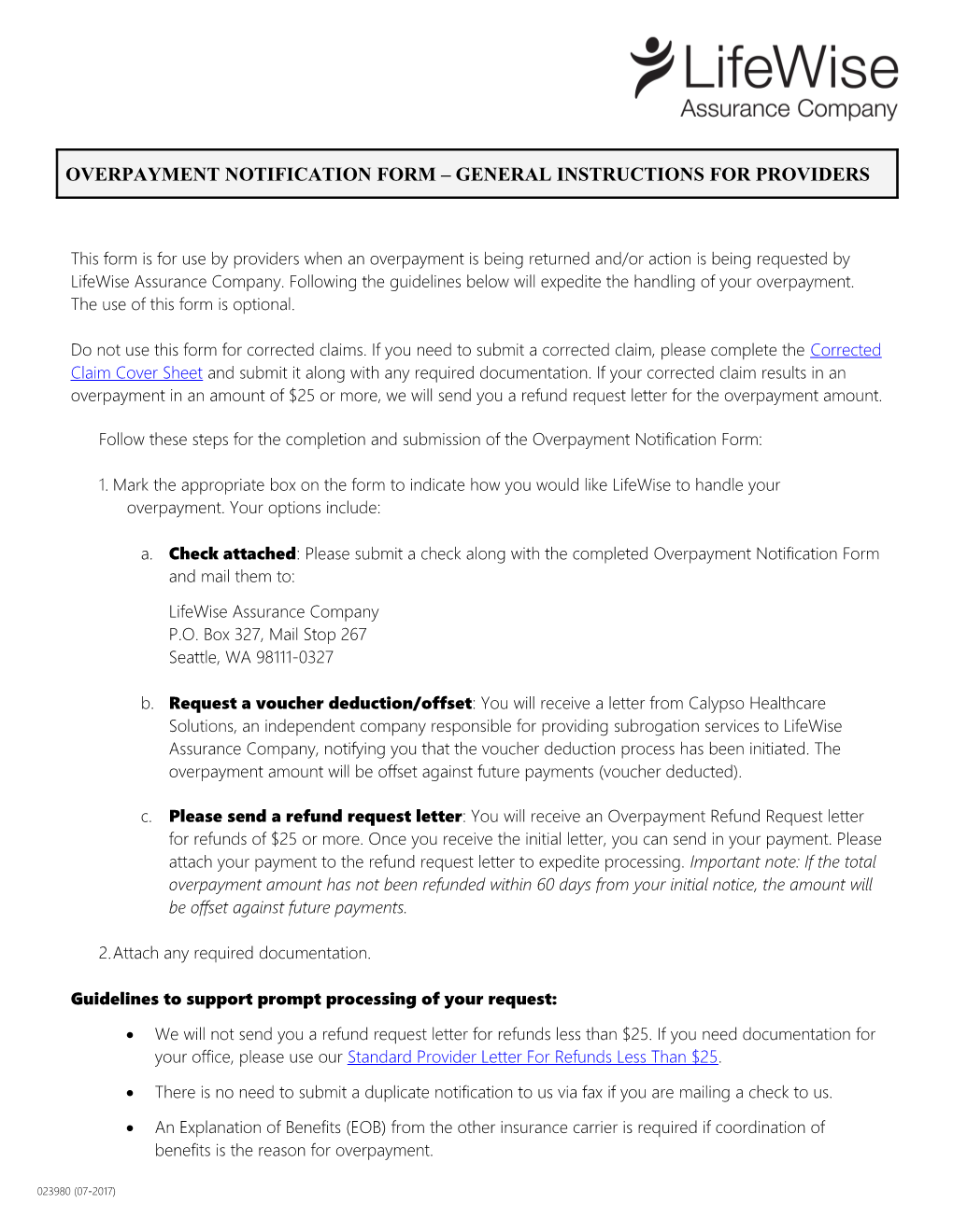 Student Insurance Overpayment Notification Form and General Instructions