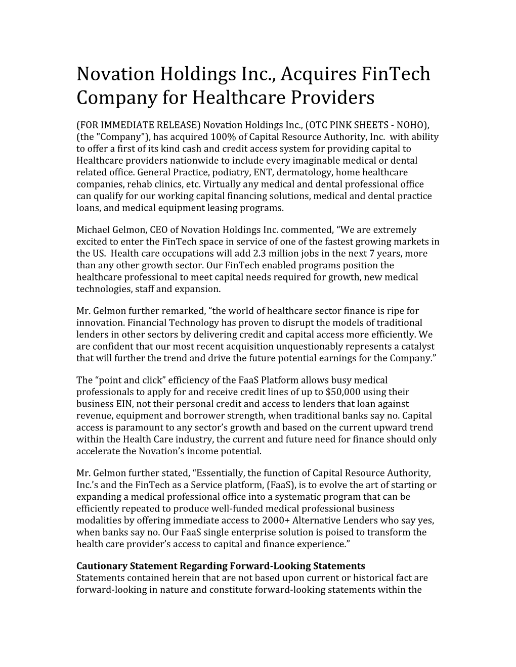 Novation Holdings Inc., Acquires Fintech Company for Healthcare Providers