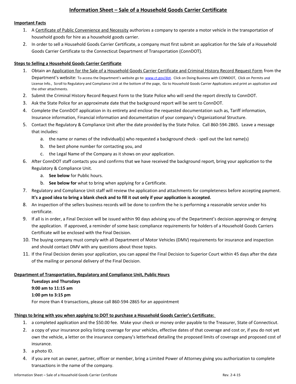 Information Sheet Sale of a Household Goods Carrier Certificate