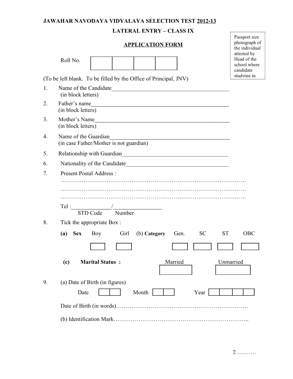 Jawahar Navodaya Vidyalaya Selection Test 2012-13