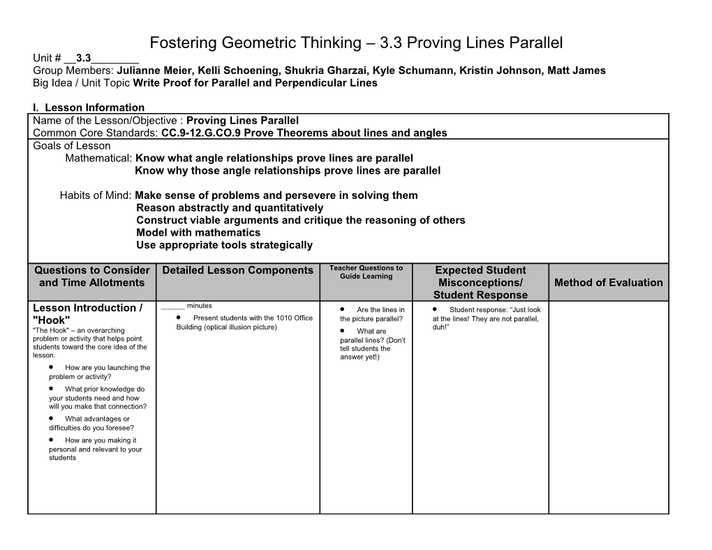Fostering Geometric Thinking 3.3 Proving Lines Parallel