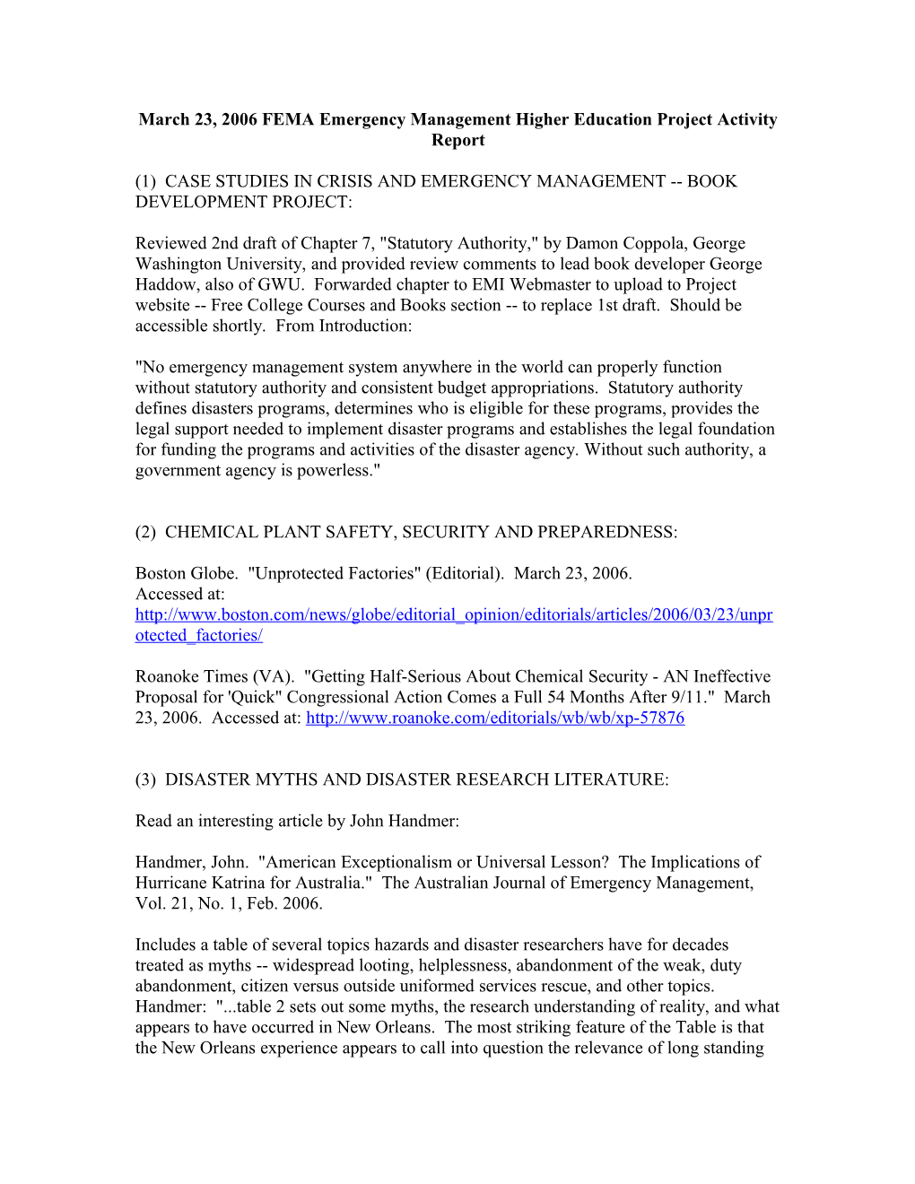 March 23, 2006 FEMA Emergency Management Higher Education Project Activity Report