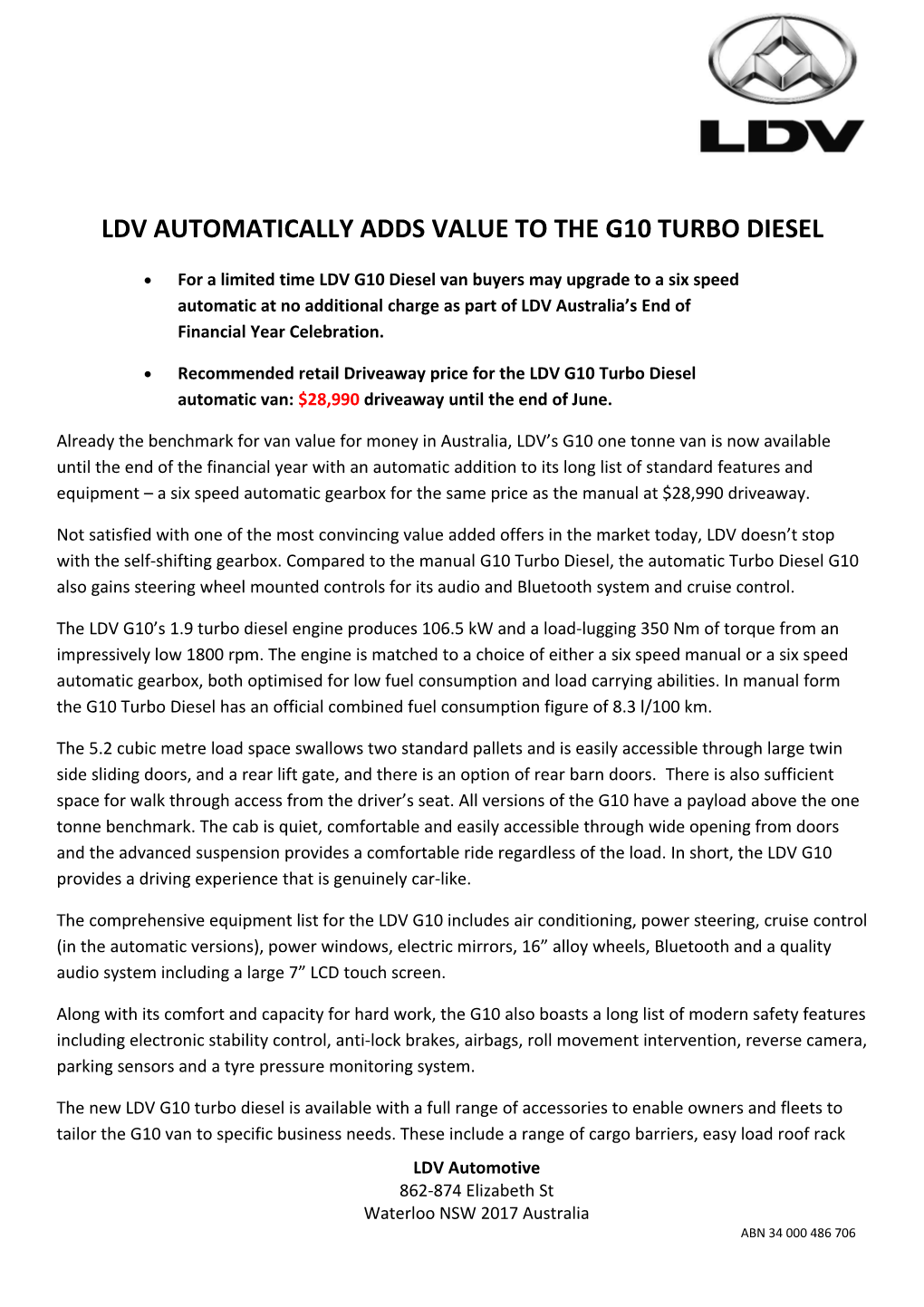 Ldv Automatically Adds Value to the G10 Turbo Diesel