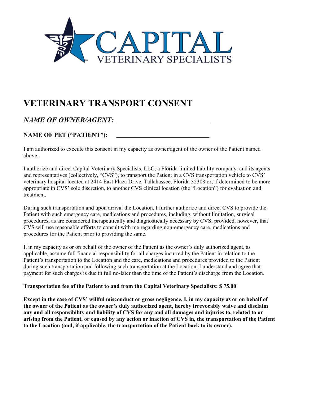 Veterinary Transport Consent