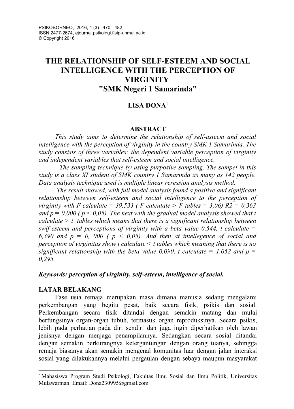 The Relationship of Self-Esteem and Social Intelligence (Lisa Dona)
